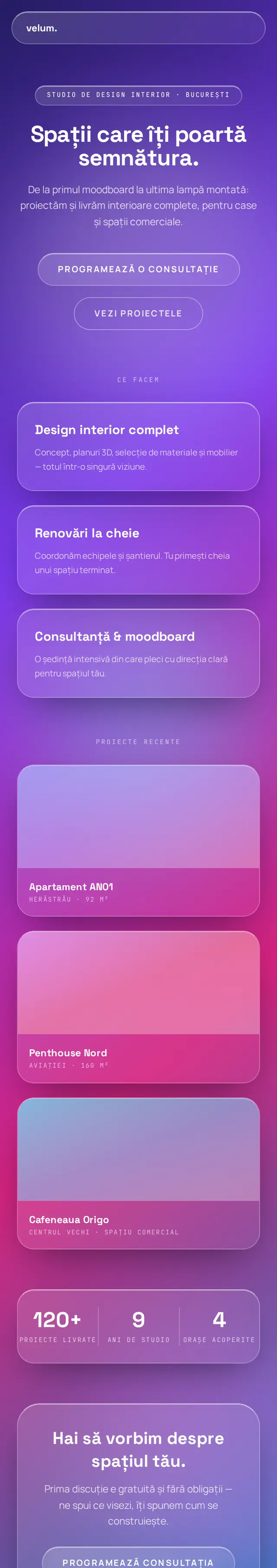 Demo Sticlă Lichidă: site pentru un studio de design interior, pe telefon